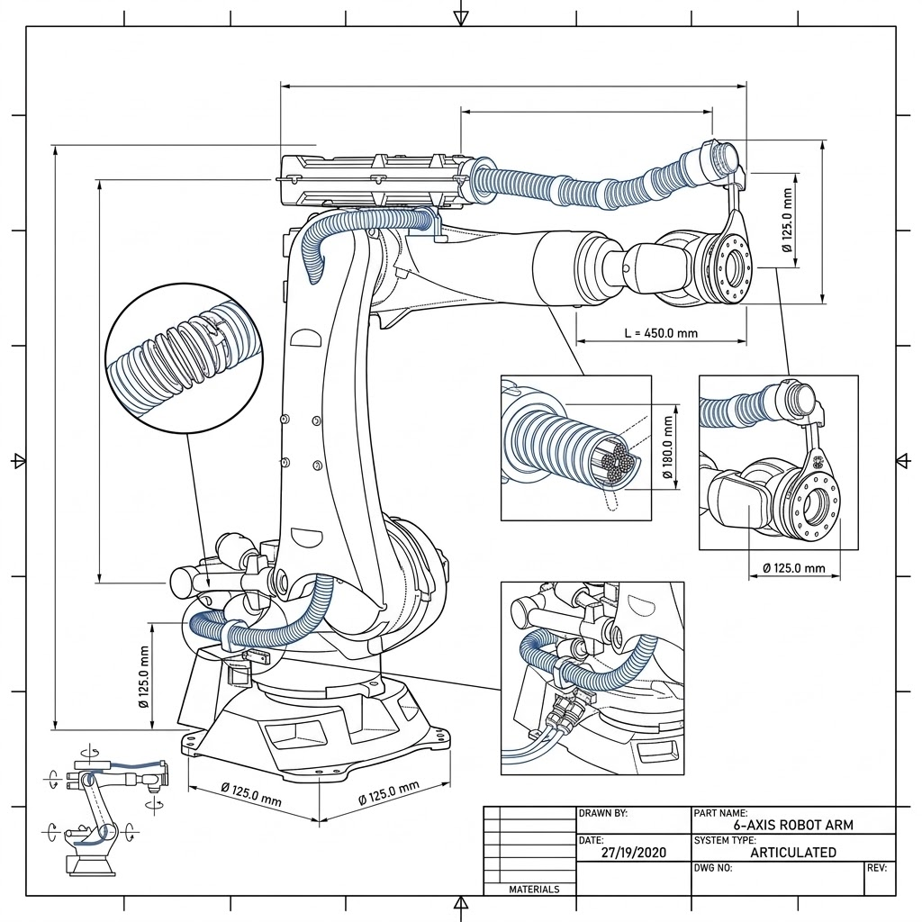 Technische tekening dresspack voor 6-assige robotarm
