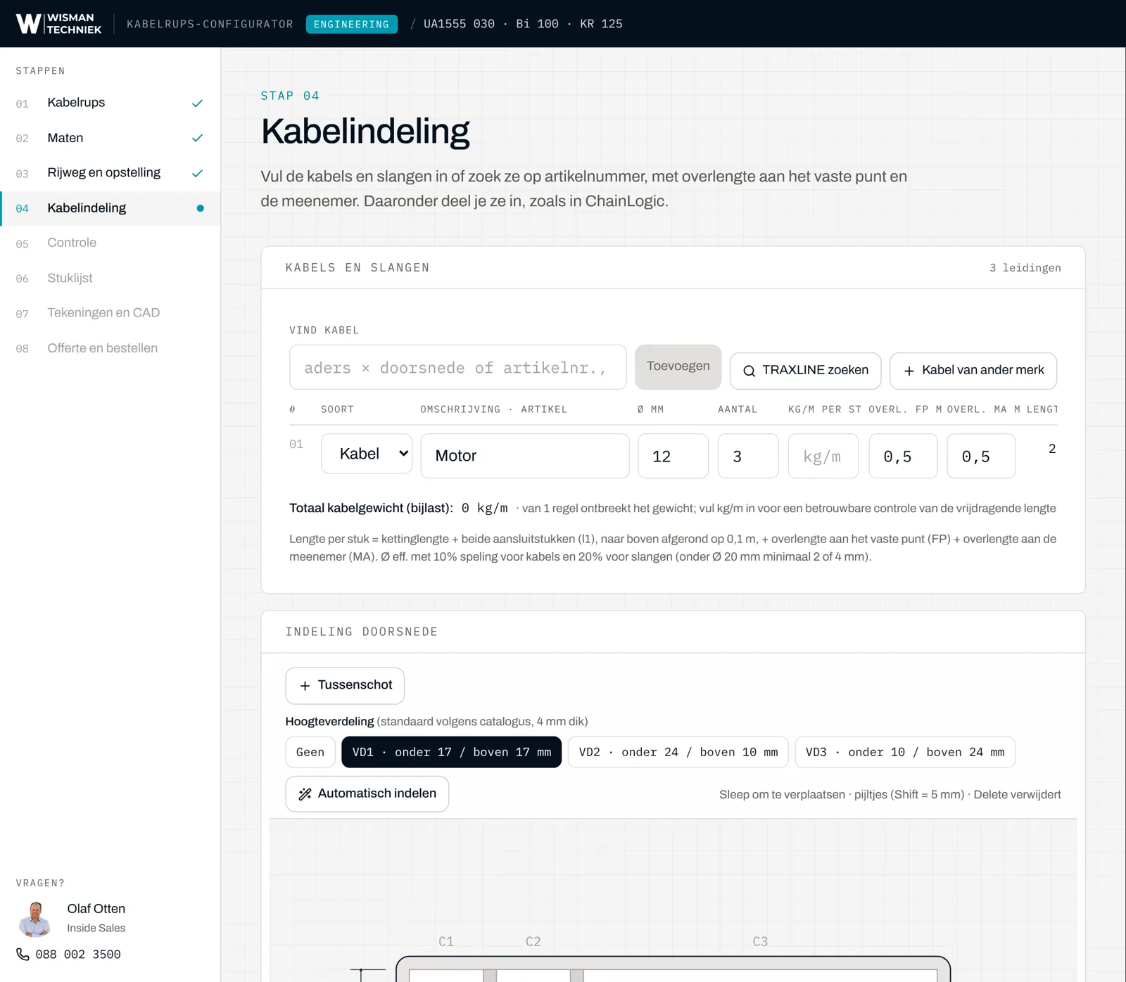 De configurator: kabels invoeren en indelen in de doorsnede, met maten en controles in de zijbalk