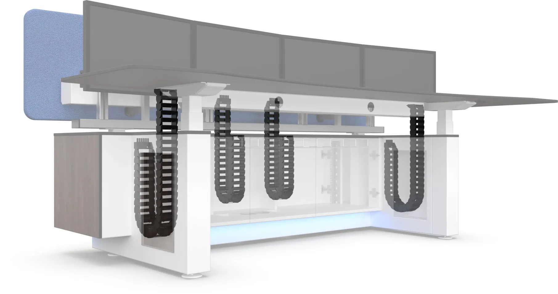 Cross-section of the workstation with the cable carriers in the cabinet