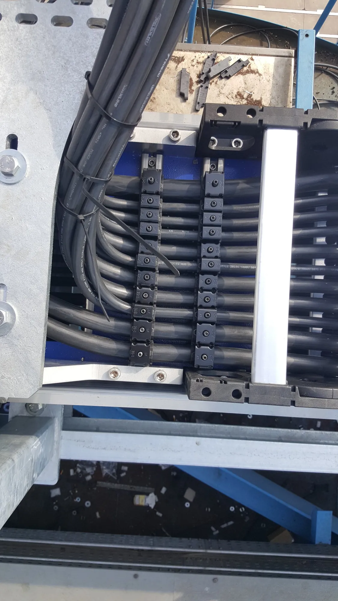 Cables neatly secured in the end bracket