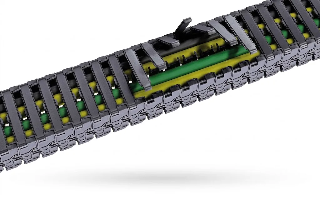Gedetailleerde weergave van een open kabelrups met gele, groene en zwarte kabels erin