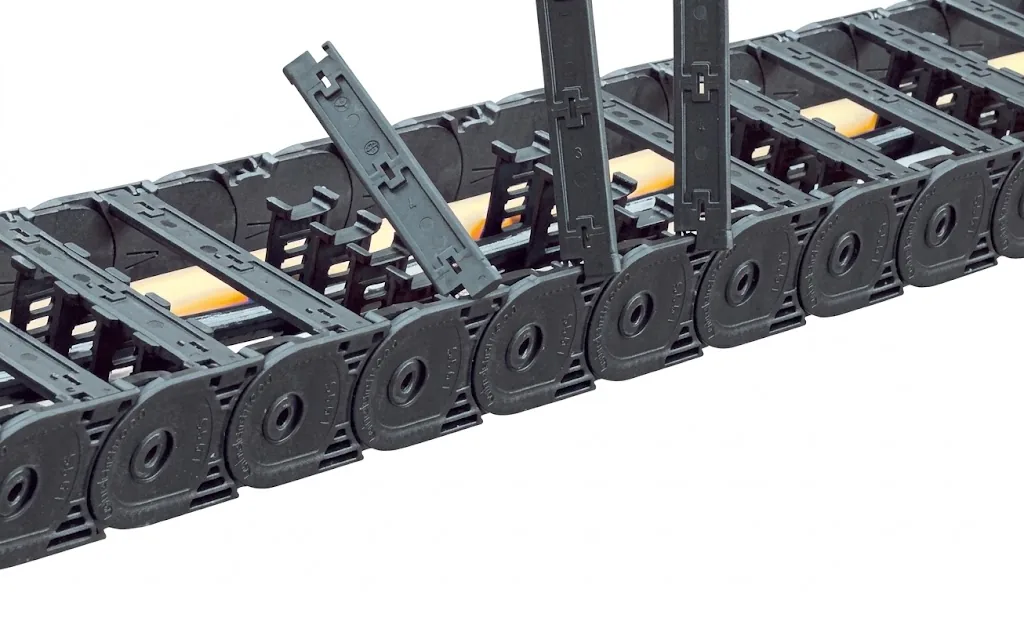 Black cable carrier with opening links and yellow interior dividers